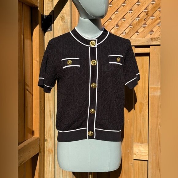 🆕 KARL LAGERFELD 🧿 NWT Black Classic Jacquard Knit Short Sleeve Sweater SzL - Picture 11 of 16